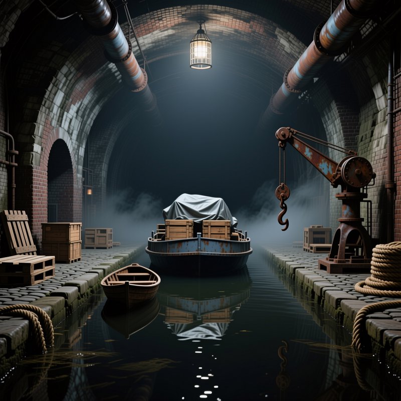 Underground brick canal tunnel with moored boats, rusted crane, and glowing hanging lantern