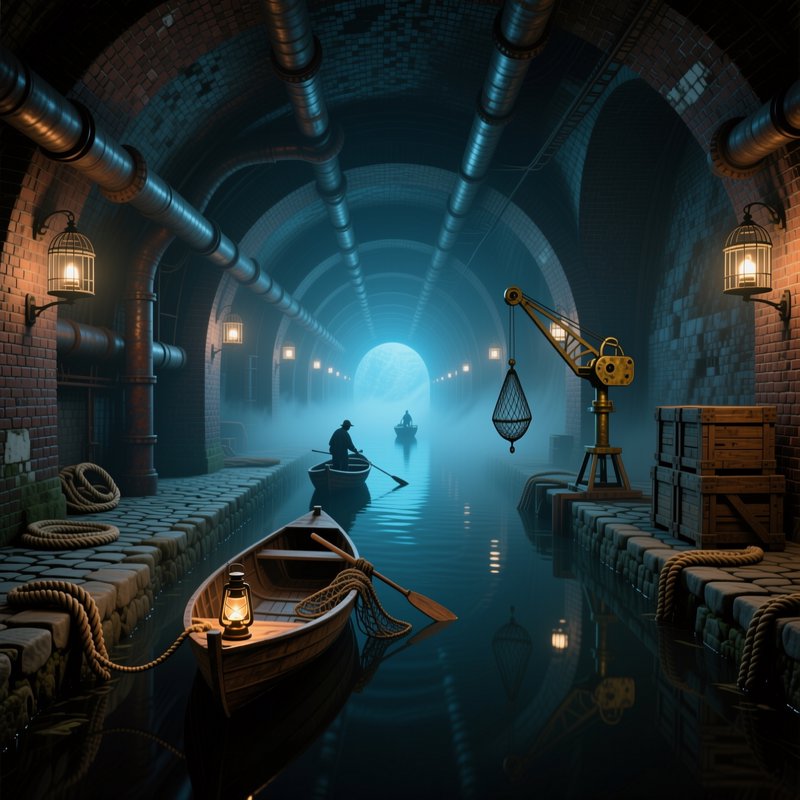 Steampunk underground canal tunnel with rowboats, oarsmen, and glowing lanterns stretching into c...