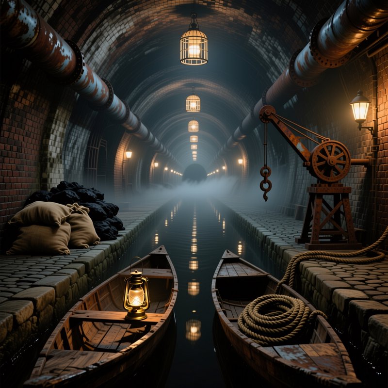 Two wooden rowboats rest in a foggy, lantern-lit brick arched underground canal tunnel