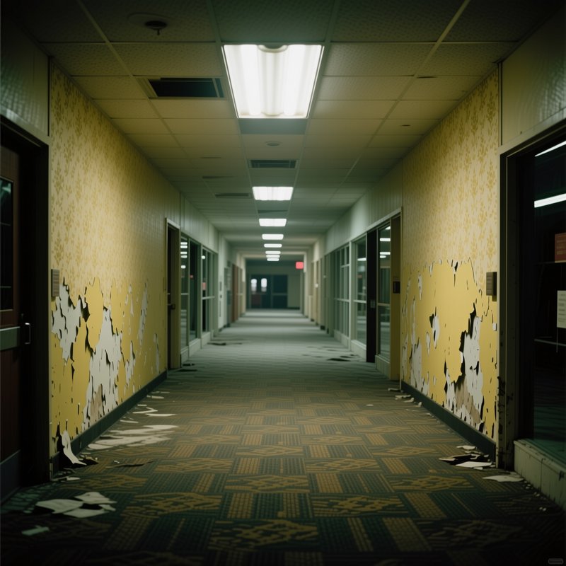 Dilapidated empty office hallway with peeling yellow wallpaper and worn patterned carpet lit by o...