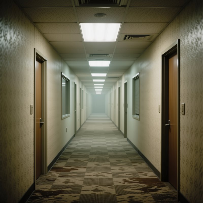 Long empty office hallway stretching into hazy distance under rows of fluorescent ceiling lights