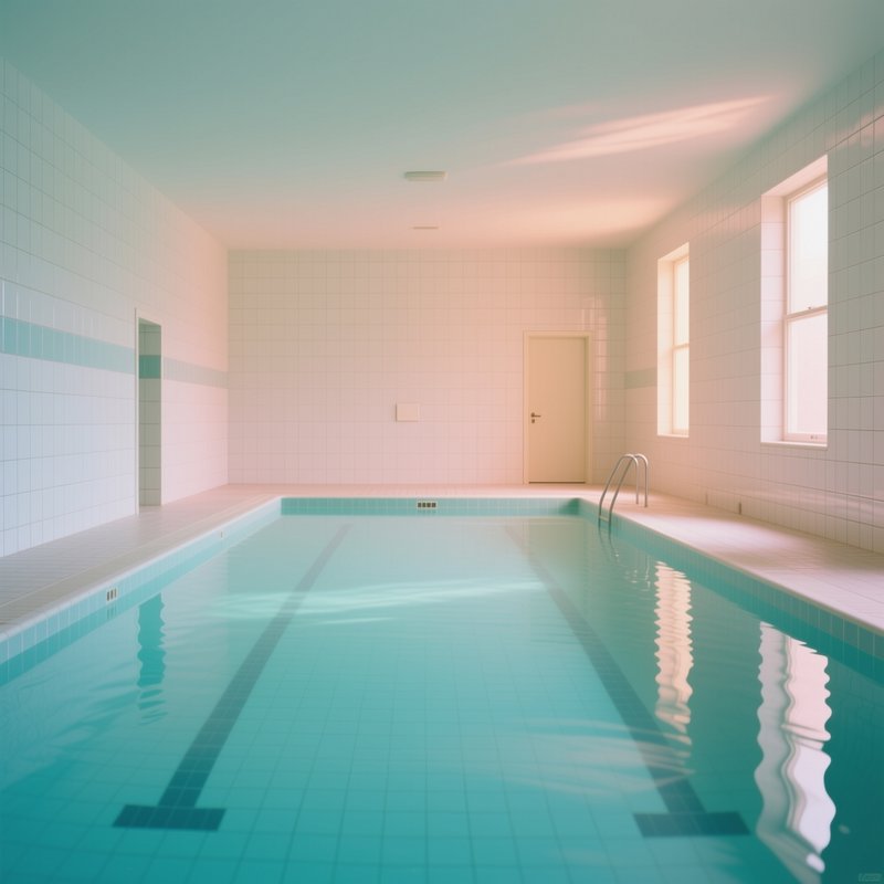 Sunlit empty indoor swimming pool with tiled walls and soft gradient pastel lighting