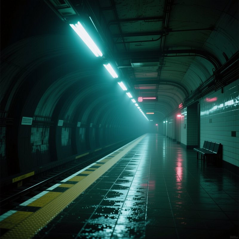 Empty foggy underground subway platform lit by teal fluorescent lights with distant pink neon accents