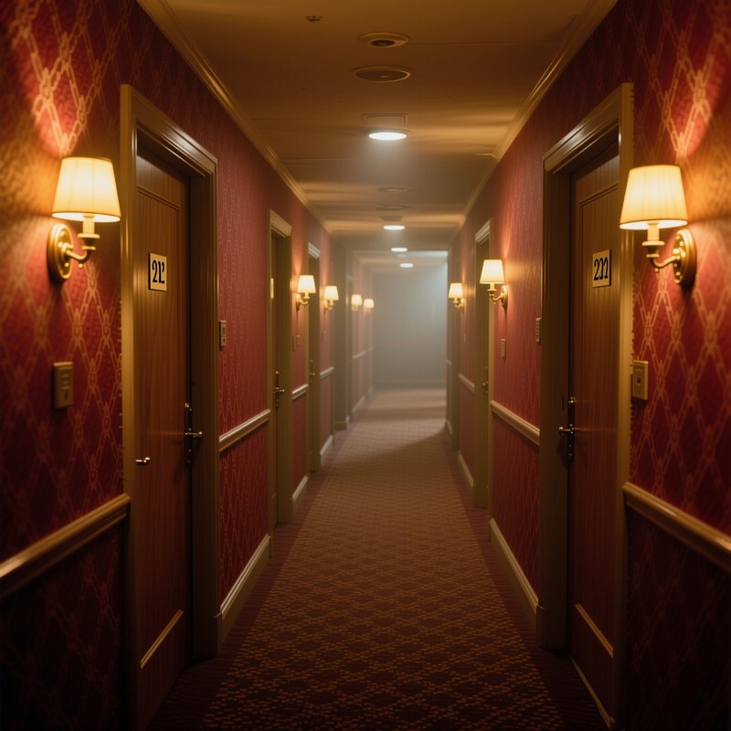 Dim foggy vintage hotel hallway lined with guest room doors and glowing wall lamps receding into ...