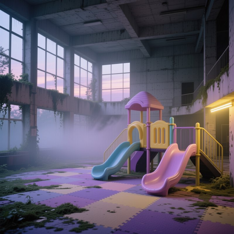 Abandoned pastel indoor playground with twin slides, overgrown moss, and soft fog at pink twilight