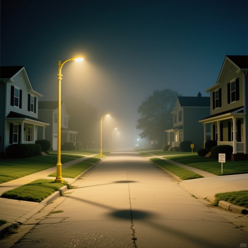 Empty foggy suburban residential street lit by glowing street lamps at twilight.