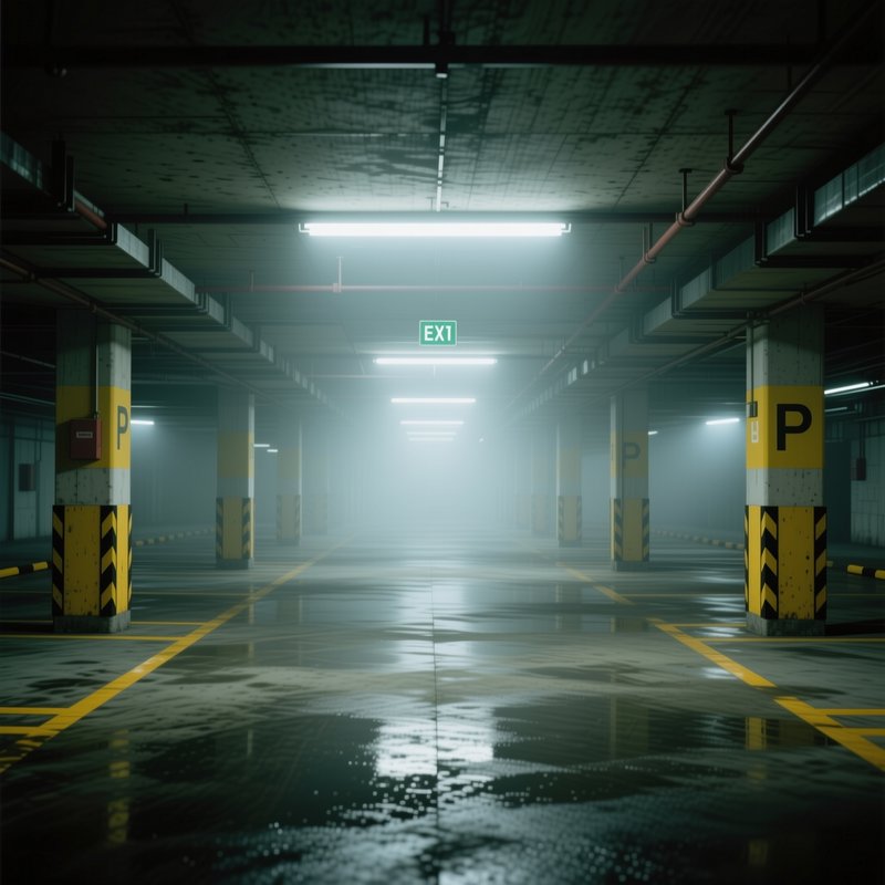 Foggy empty underground parking garage with wet reflective floors and glowing exit signage