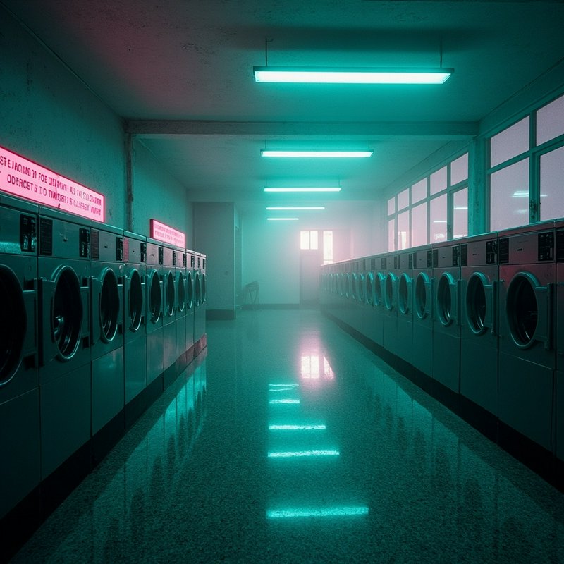 Empty surreal laundromat lined with rows of washing machines under glowing teal fluorescent lights