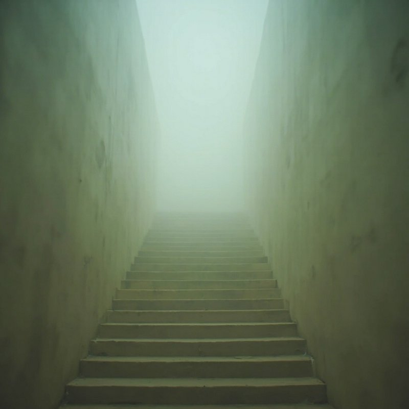 Concrete stairwell ascending into thick pale green fog between tall plain walls