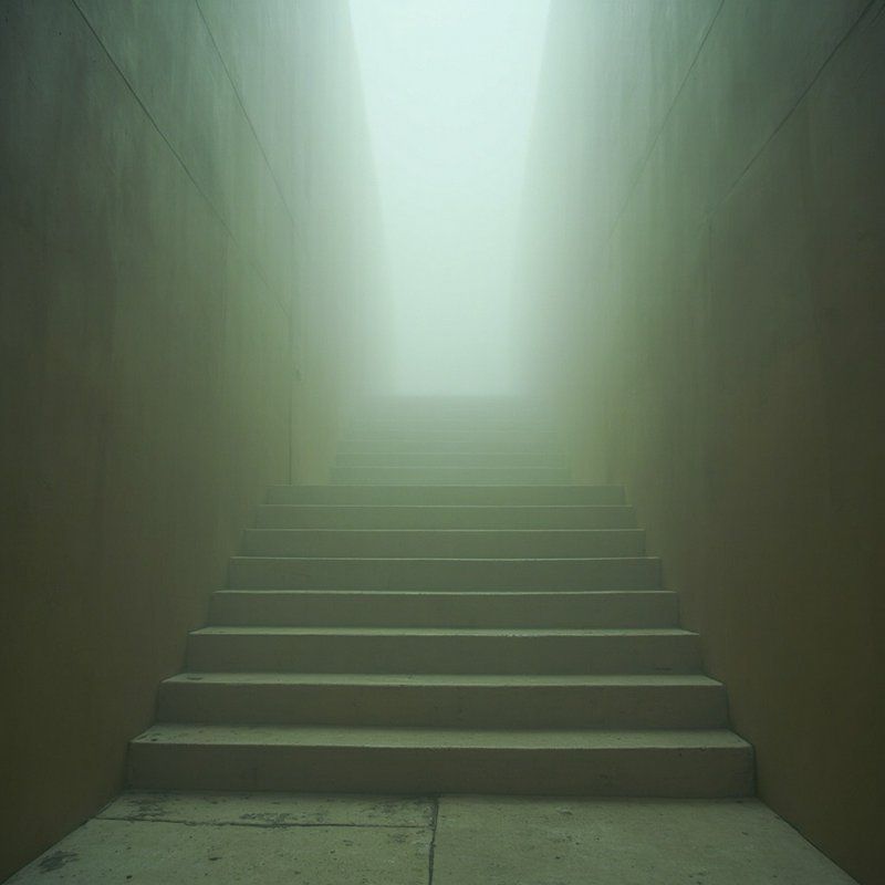 Thick pale fog shrouds the top of an ascending concrete staircase between plain side walls