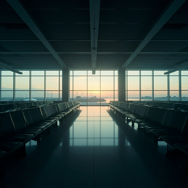 Empty airport departure gate waiting room faces a glowing sunset over the airport tarmac