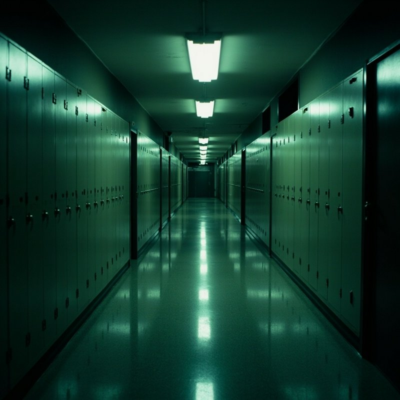Empty eerie green-lit school locker hallway receding into distant shadow