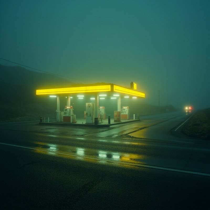 Illuminated retro gas station glows through thick fog on a wet empty rural highway at dusk