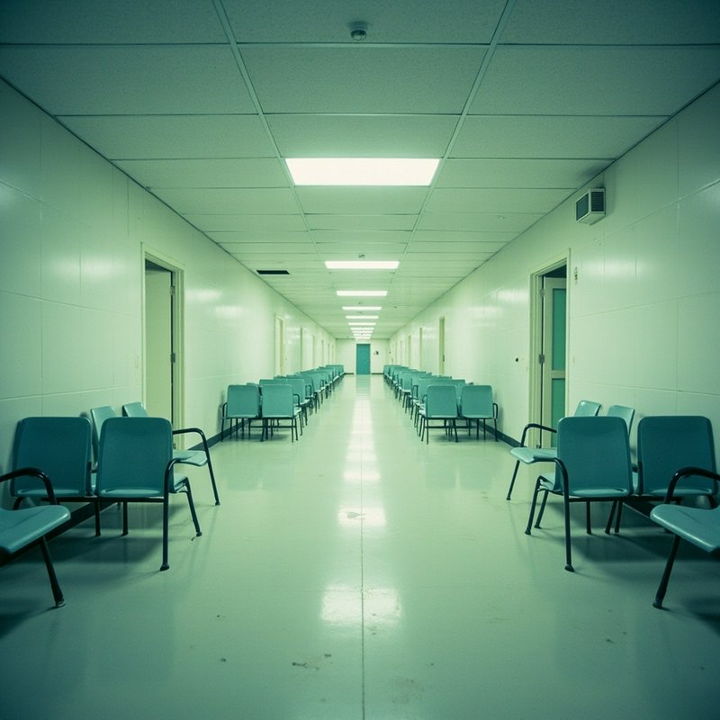 Empty long hospital waiting corridor lined with teal chairs under overhead fluorescent ceiling li...