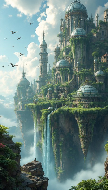 Fantasy cliffside city with domed towers, lush greenery, and a cascading waterfall