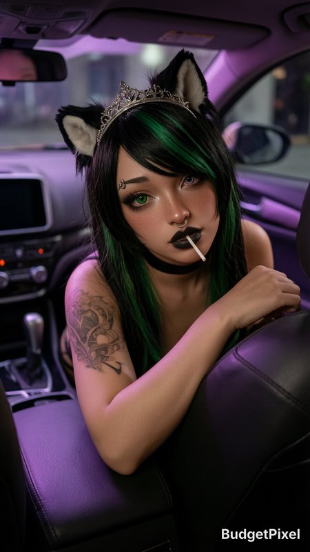 Woman with cat-ear headband and tiara in a car, green-highlighted hair and bold makeup.