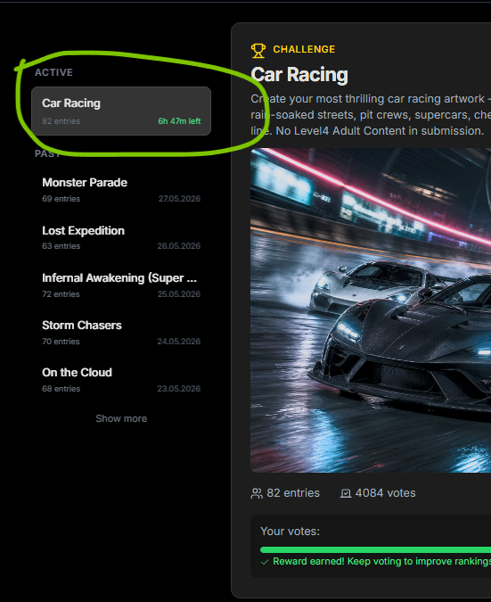 Dark UI dashboard showing a "Car Racing" challenge card with a sports car image and active entries count.