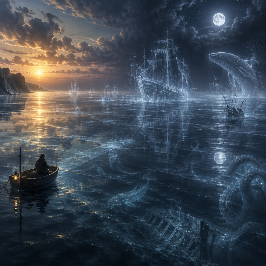 Lone fisherman in a small lantern-lit boat observes ghostly nautical apparitions on a moonlit twilight ocean