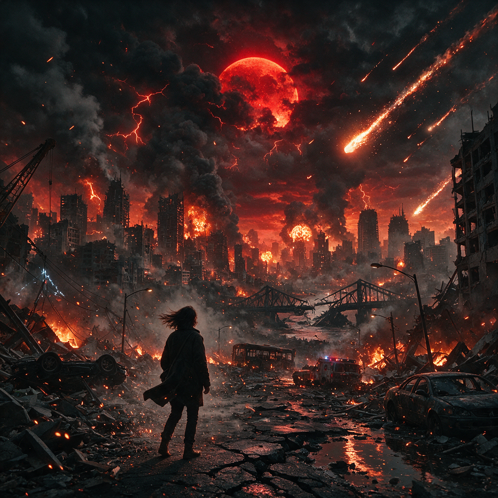 Lone survivor stands in a burning ruined city beneath a red blood moon as meteors streak across the stormy sky