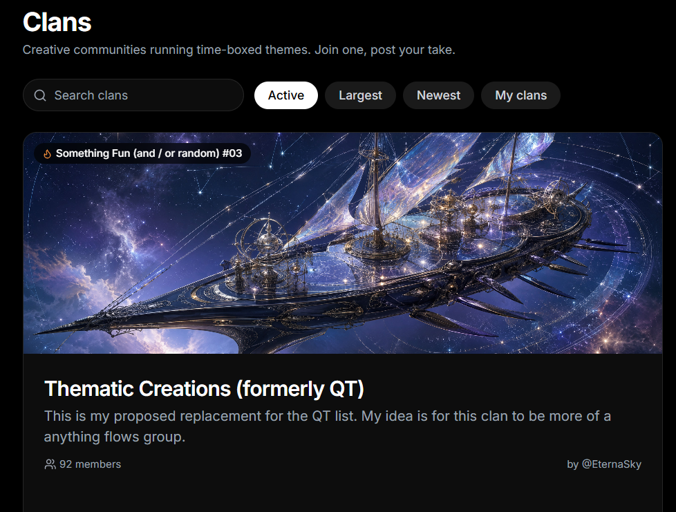 Dark mode creative platform clan page featuring an ornate fantasy airship floating through a glowing cosmic nebula
