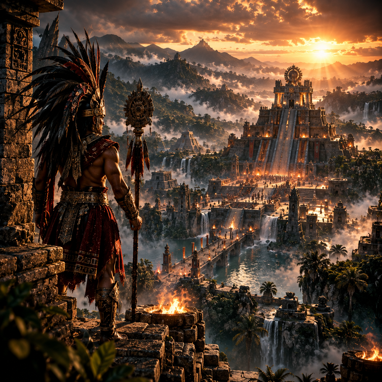 Aztec warrior in an ornate feather headdress stands on a stone ledge overlooking an ancient Mesoamerican pyramid city at