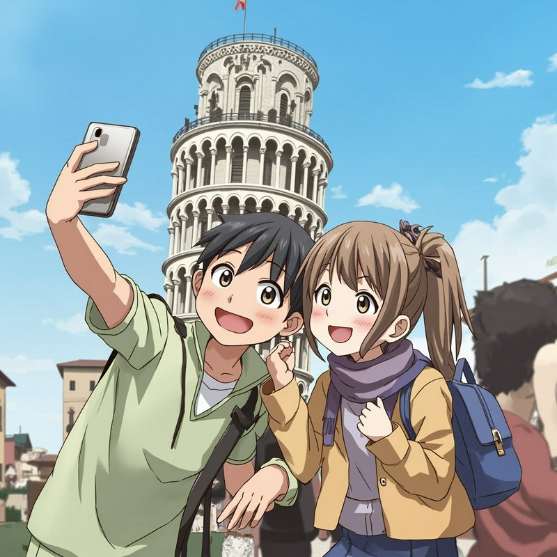 Two anime-style friends taking a selfie with the Leaning Tower of Pisa in the background.
