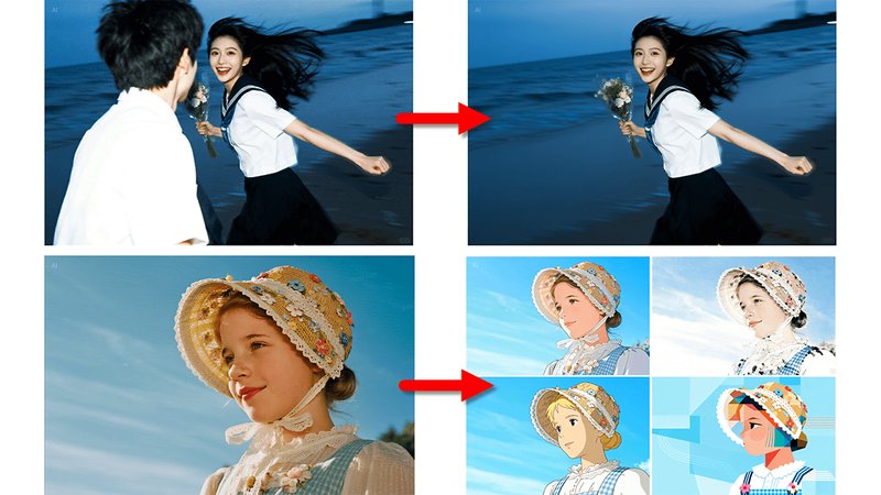 Before-and-after edits of a couple on a beach and a vintage-hat portrait with style-transferred versions.