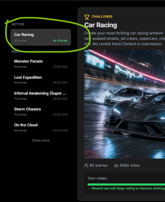 Dark UI dashboard showing a "Car Racing" challenge card with a sports car image and active entries count.