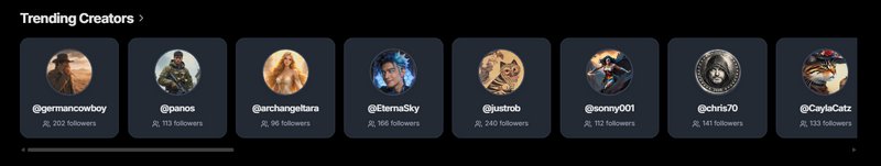 Carousel of trending creators with round avatars and follower counts on a dark UI.