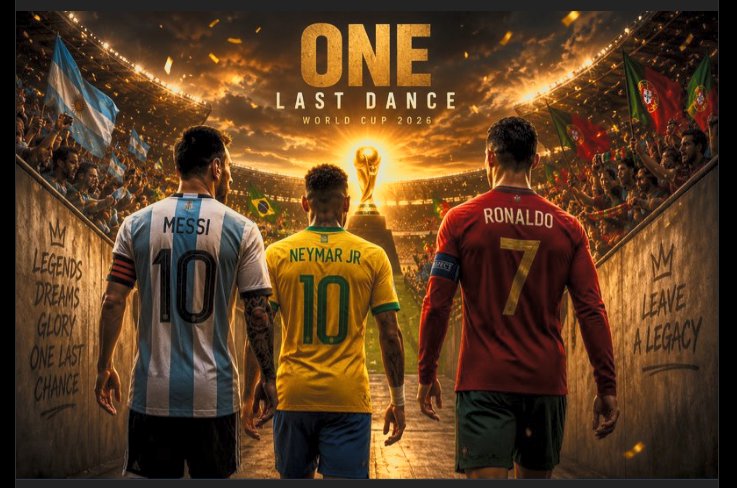 Three famous football stars in national jerseys walk toward a glowing trophy in a stadium at sunset.