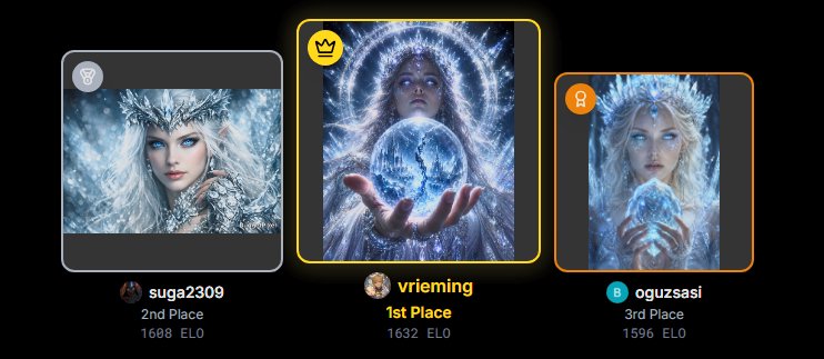 Fantasy art competition leaderboard with top 3 ranked ice queen and snow goddess digital art entr...