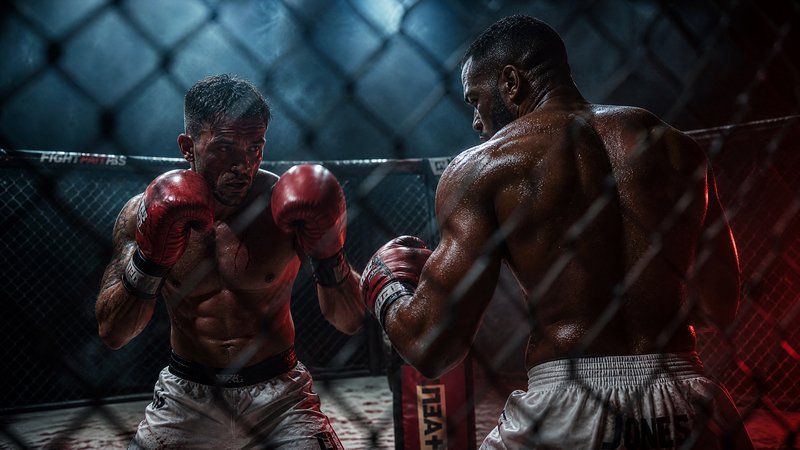Two male boxers compete mid-match inside a caged fight ring; one is bloodied, both wear red glove...
