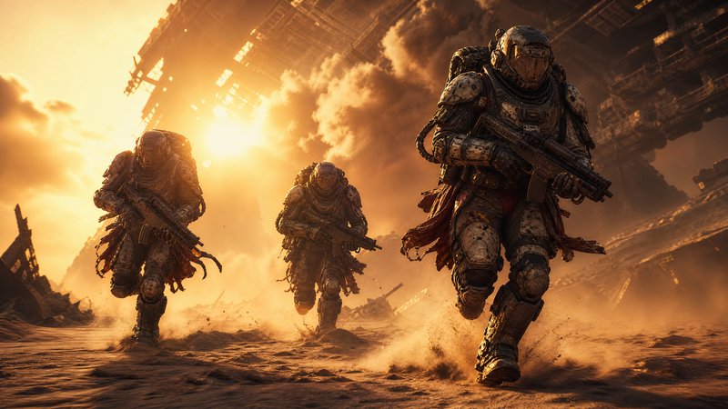 Three battle-worn armed armored soldiers run across a dusty post-apocalyptic desert, with crumbli...