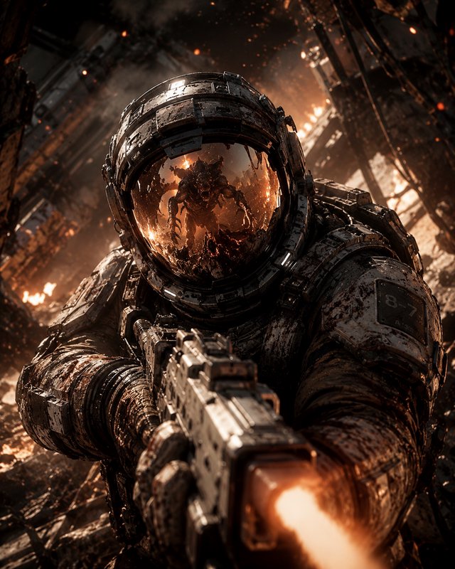 Battle-worn space soldier in a damaged suit aims a firing rifle, with a menacing alien reflected ...