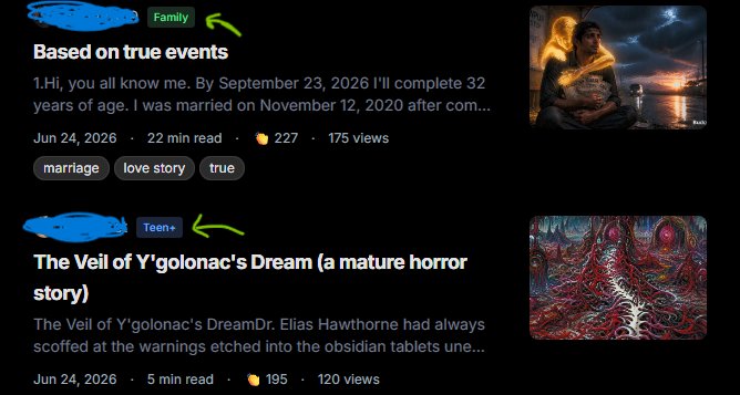 Screenshot of dark mode writing platform feed showing two story listings: family-rated true story...