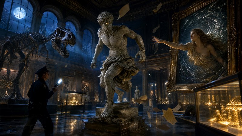 Surreal night museum scene with animated marble statue, T-rex skeleton, frame figure reaching out...