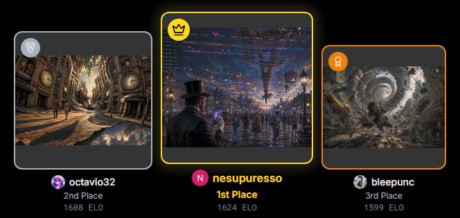 Podium of top 3 winning generative AI art contest entries, featuring surreal steampunk and fantas...