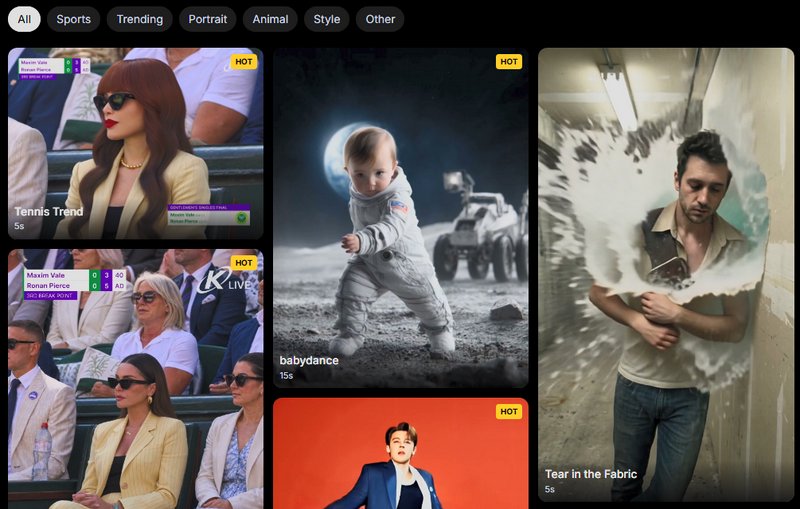 Screenshot of generative AI art app interface, showing category tabs and grid of trending AI gene...