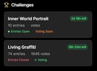 Dark mode app Challenges page showing two active creative contest listings with countdown timers ...