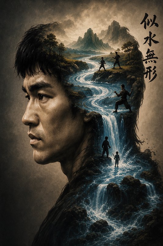 Surreal double exposure Bruce Lee portrait filled with mountain river landscape, martial artist s...