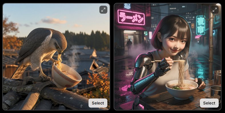 Side-by-side AI art selection panels: left goshawk eats ramen on a village rooftop, right cyborg ...