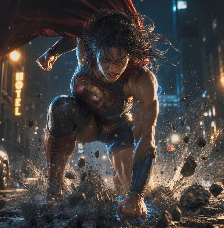 Muscular Supergirl lands forcefully on a rain-soaked night city street, debris erupting around he...