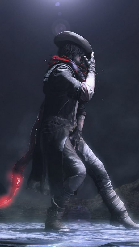 3D render of Ardyn Izunia tipping his wide brim hat, glowing red scarf trailing, standing on mist...