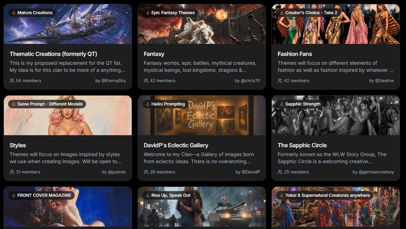 Grid of 9 generative AI art community group cards, each with themed preview art, group name, desc...