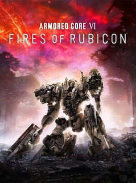 Official Armored Core VI Fires of Rubicon key art of a battle-worn mech standing on rubble under ...