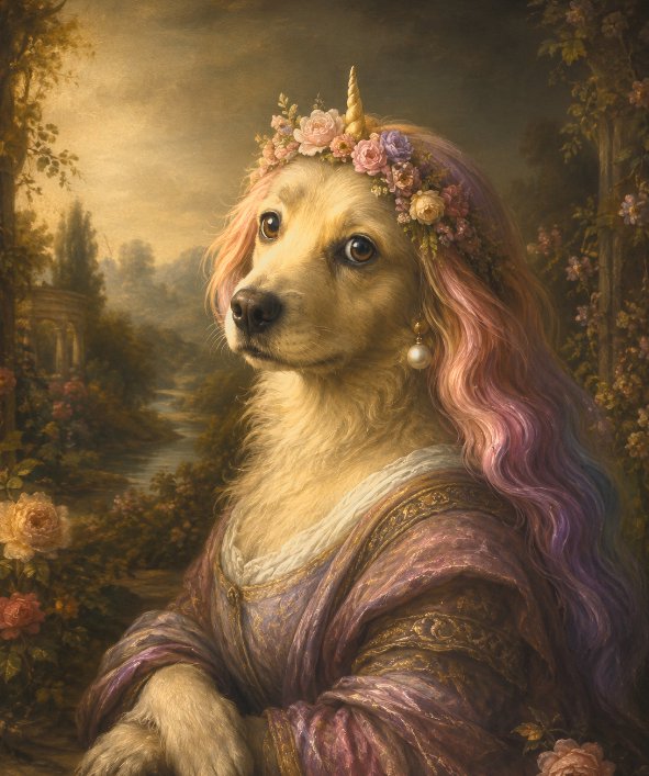Rococo old master portrait of a whimsical dogicorn creature with flower crown, pastel hair, and r...