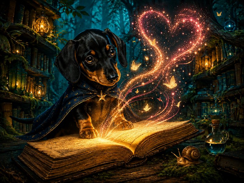 Cute dachshund wizard casts heart-shaped magic from an ancient glowing spellbook in an enchanted ...