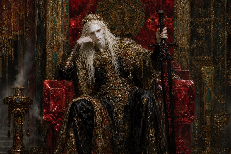 Pensive pale long-haired elven vampire king sits on an ornate red crystal throne holding a rune-c...