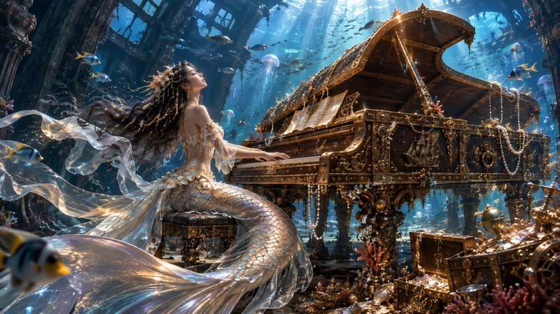 Ethereal golden mermaid plays an ornate grand piano inside a sunken underwater shipwreck, surroun...