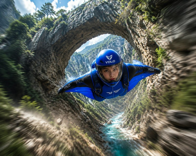 [Female wingsuit flyer in blue gear soars through a natural rock arch over a forested river canyon at high speed]